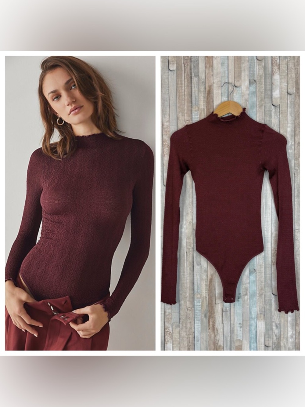 Free People XS S Mara Mock Neck Bodysuit Top Textured Seamless Lettuce Edge‎ Red